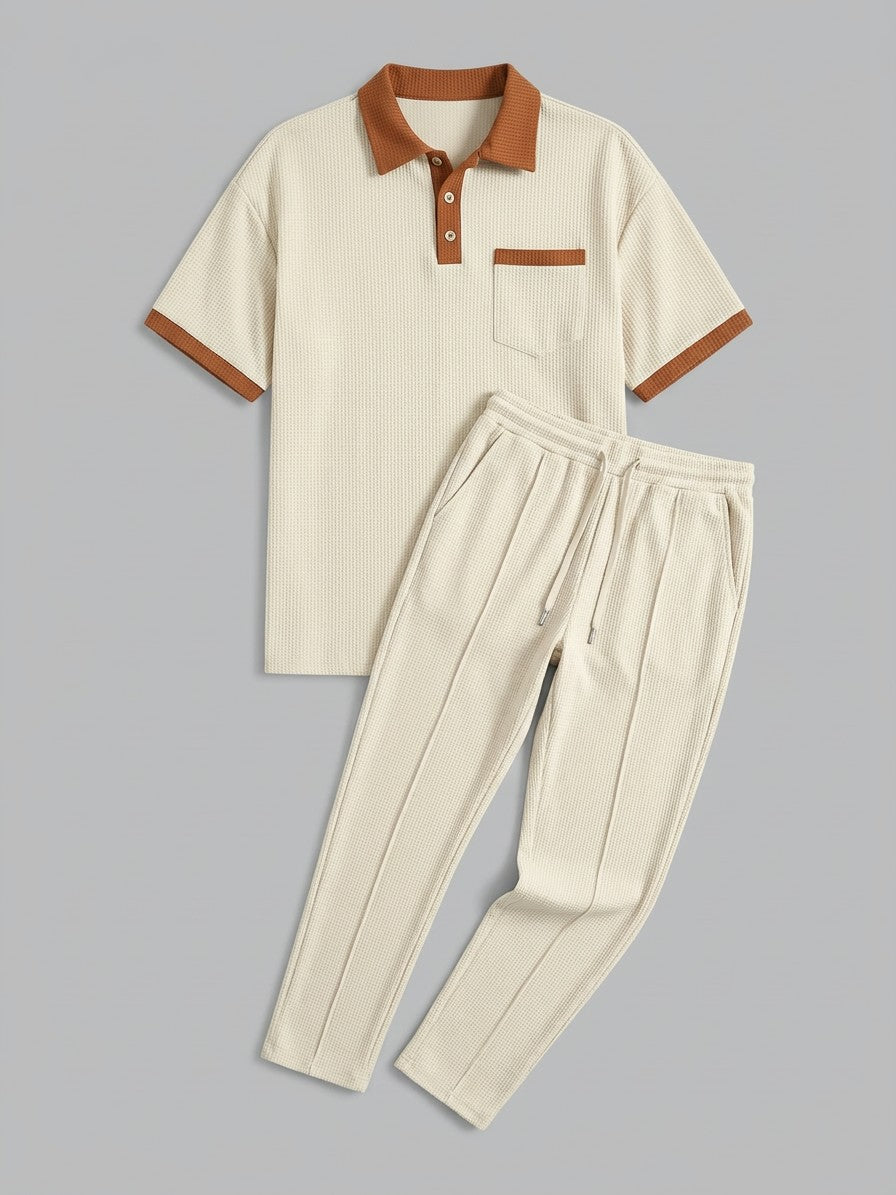 Trapani Men's Waffle-Knit Polo and Trousers Set — beige — packshot