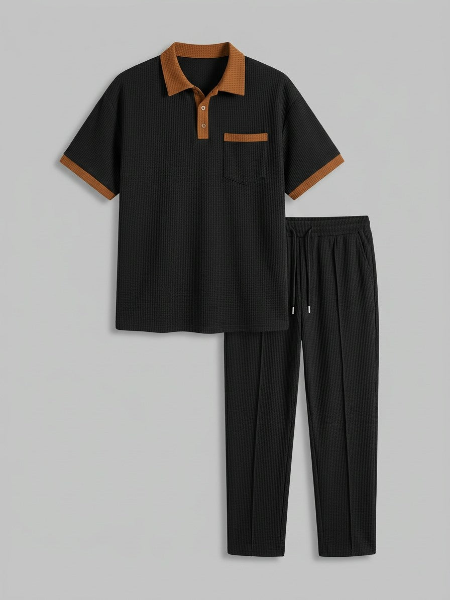 Trapani Men's Waffle-Knit Polo and Trousers Set — black — packshot