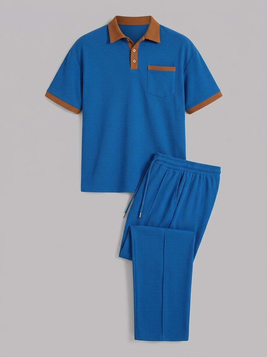 Trapani Men's Waffle-Knit Polo and Trousers Set — blue — packshot