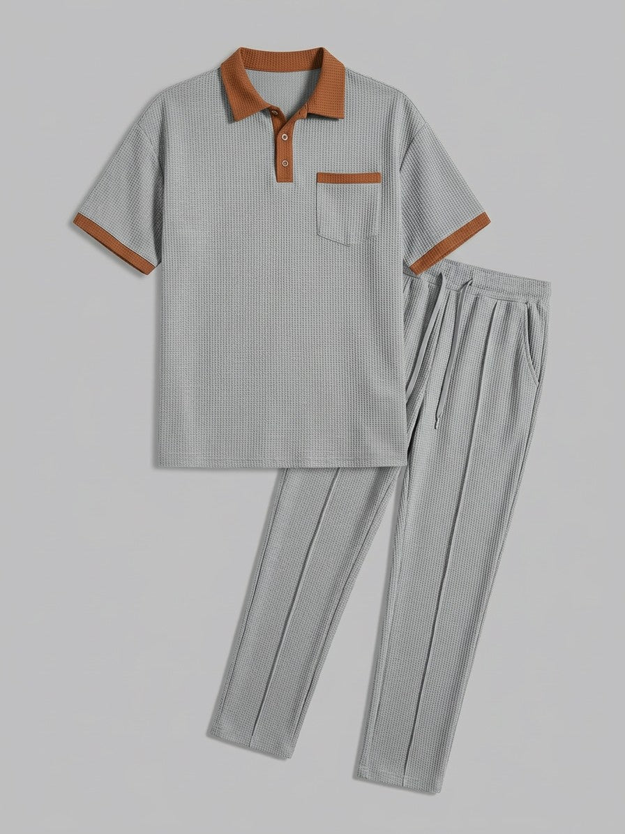 Trapani Men's Waffle-Knit Polo and Trousers Set — gray — packshot