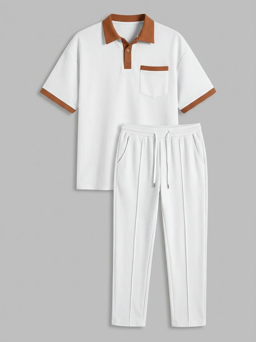 Trapani Men's Waffle-Knit Polo and Trousers Set — white — packshot