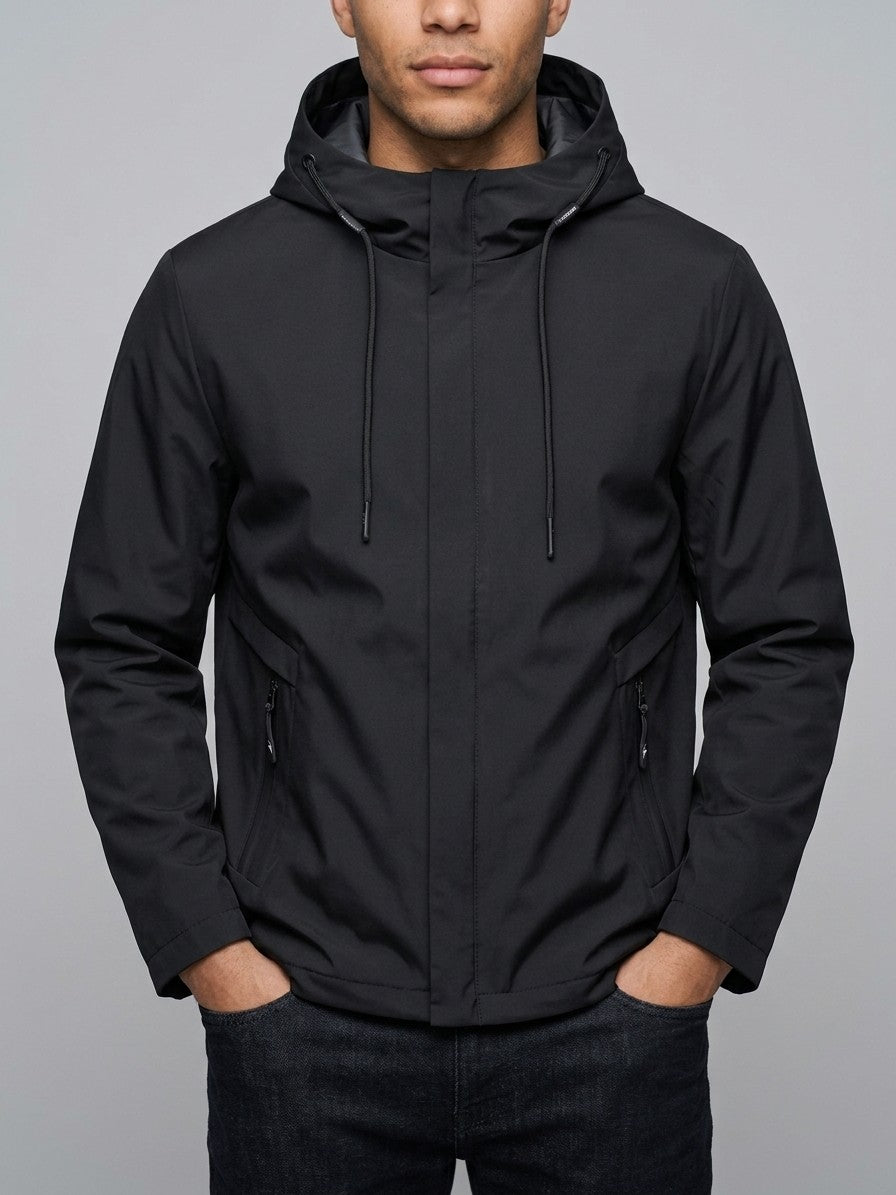 Tremezzo Men's Concealed-Zip Hooded Windbreaker Jacket — black — front