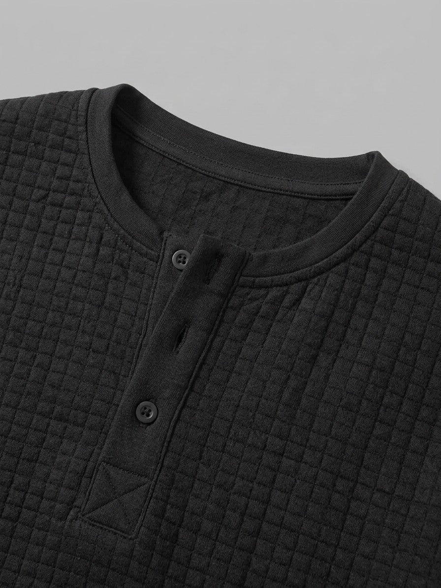 Trento Men's Quilted Henley Shirt — black — detail-collar