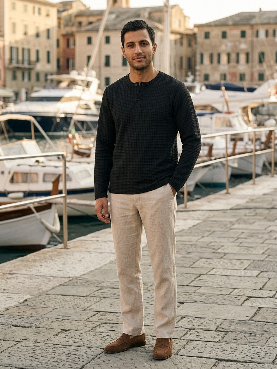 Trento Men's Quilted Henley Shirt — black — lifestyle