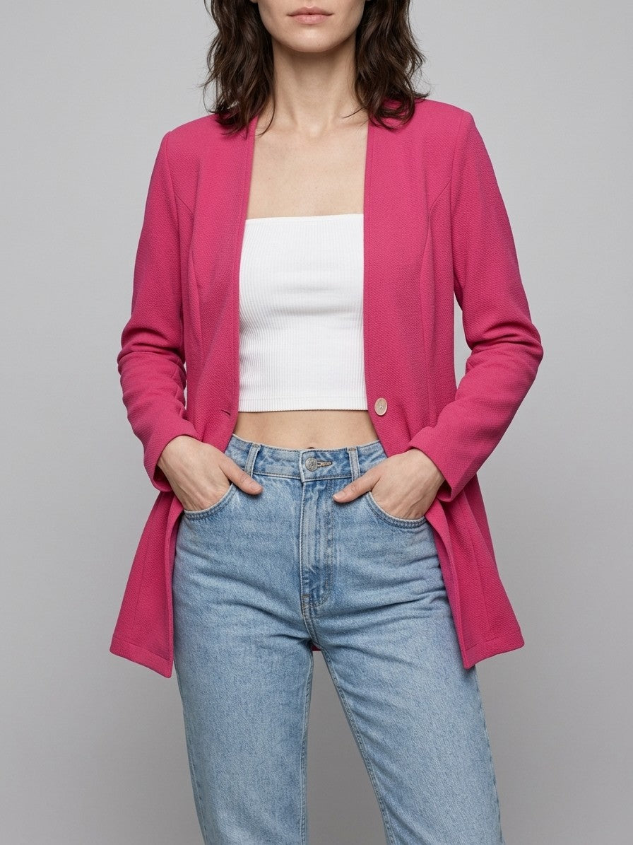 Trevi Women's Longline Collarless Blazer — fuchsiapink — front