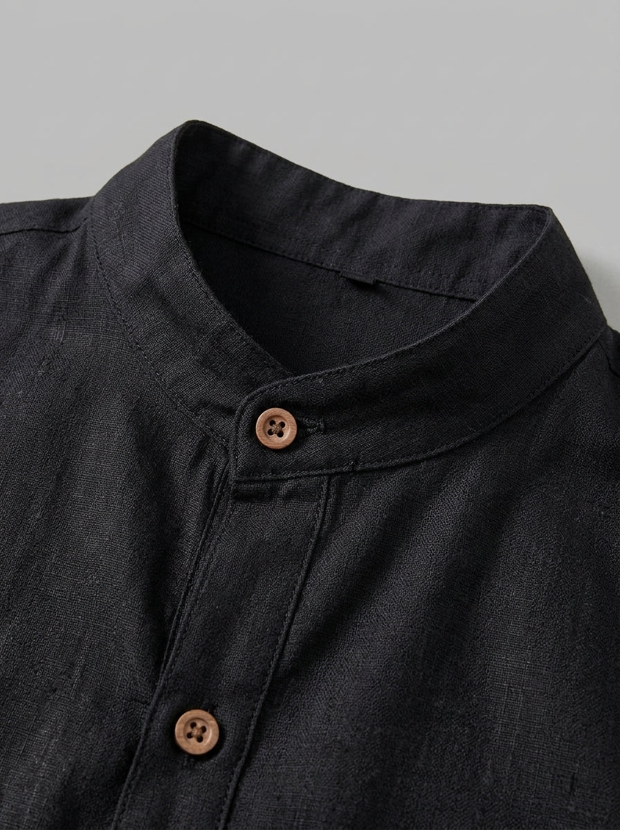 Treviso Men's Mandarin Collar Shirt — black — detail-collar