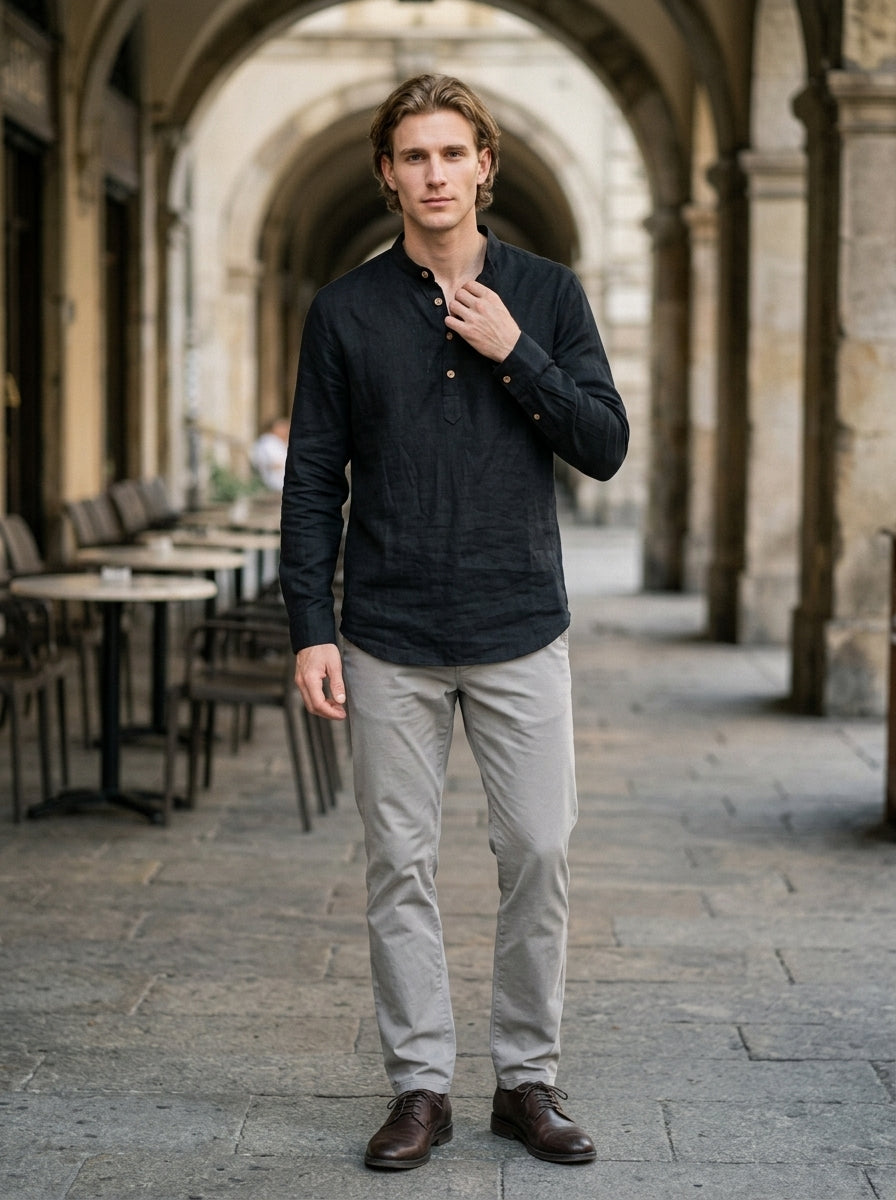 Treviso Men's Mandarin Collar Shirt — black — lifestyle