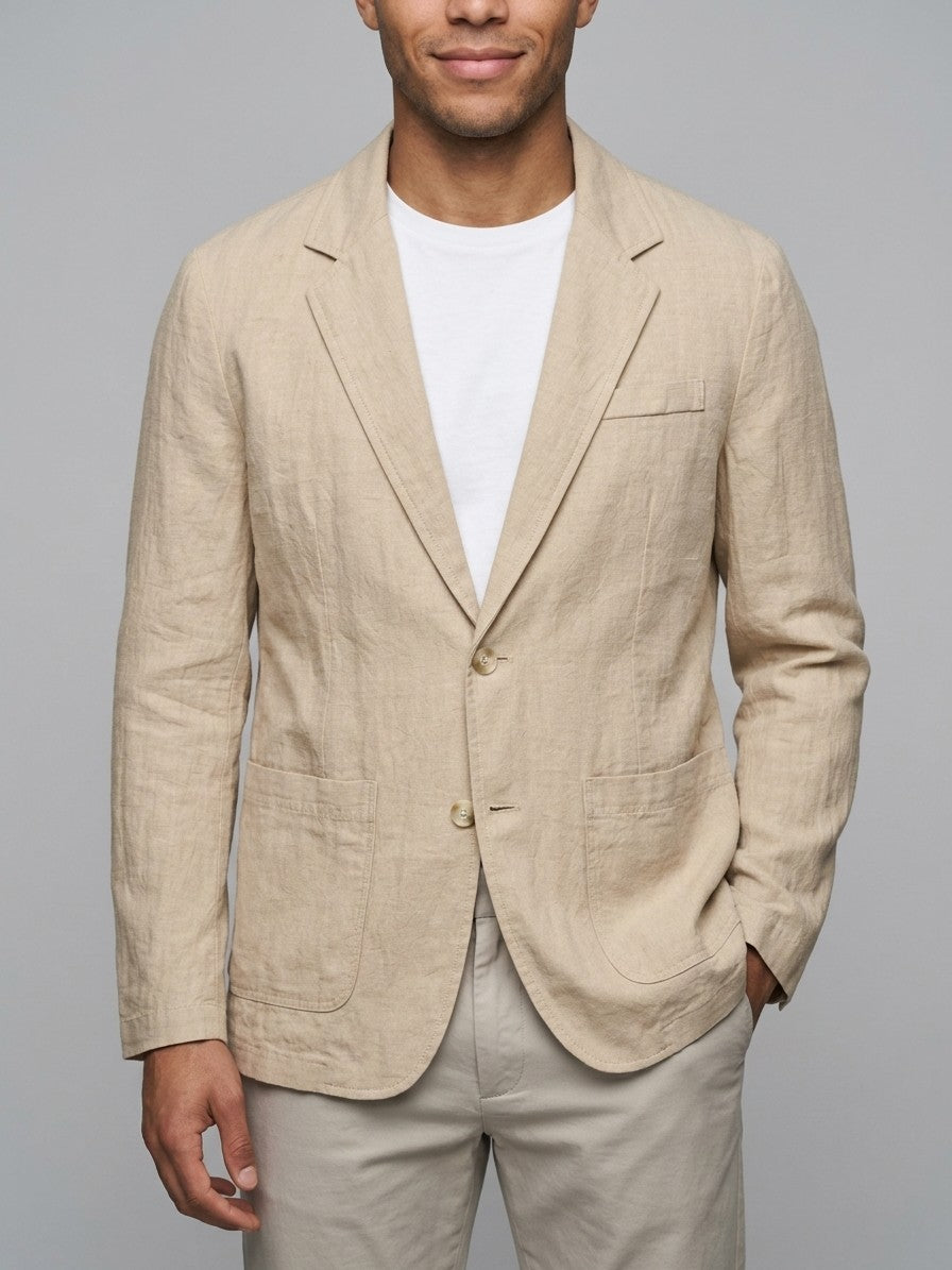 Trezzo Men's Patch-Pocket Cotton-Linen Blazer — sand — front