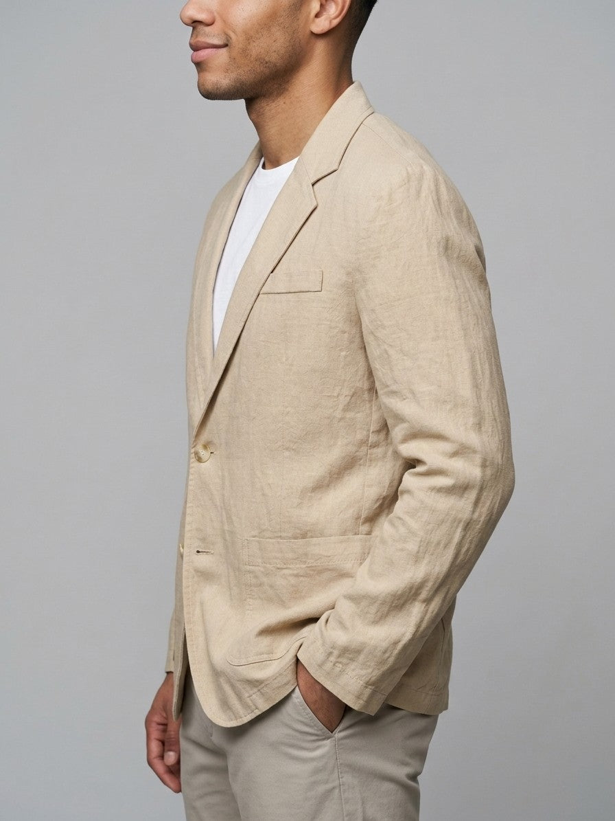Trezzo Men's Patch-Pocket Cotton-Linen Blazer — sand — side