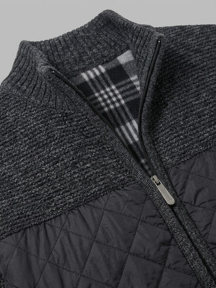 Trieste Men's Quilted-Panel Zip-Up Cardigan — black — detail-2