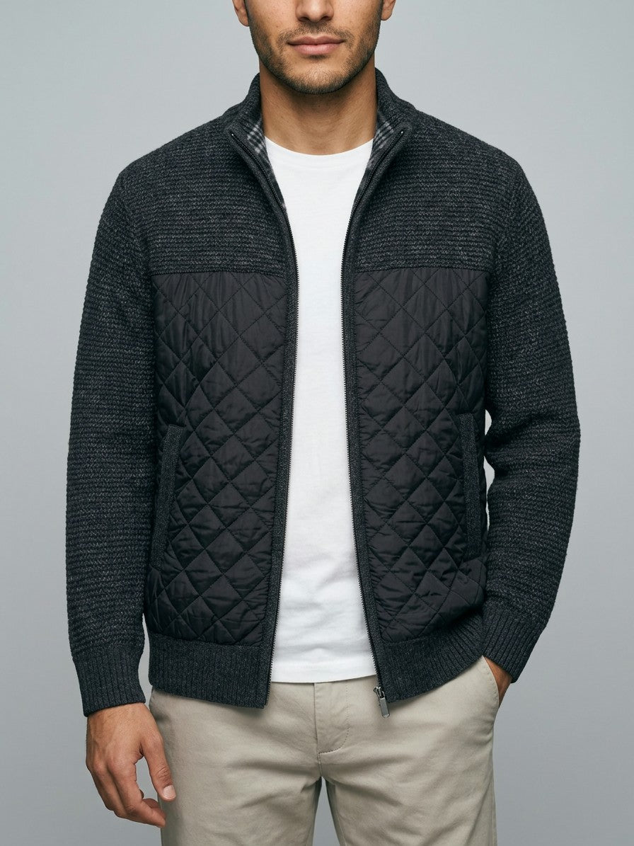 Trieste Men's Quilted-Panel Zip-Up Cardigan — black — front