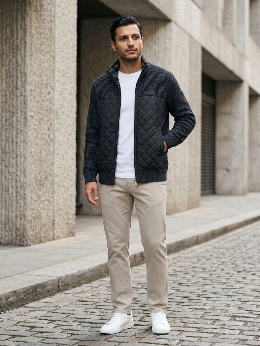 Trieste Men's Quilted-Panel Zip-Up Cardigan — black — lifestyle