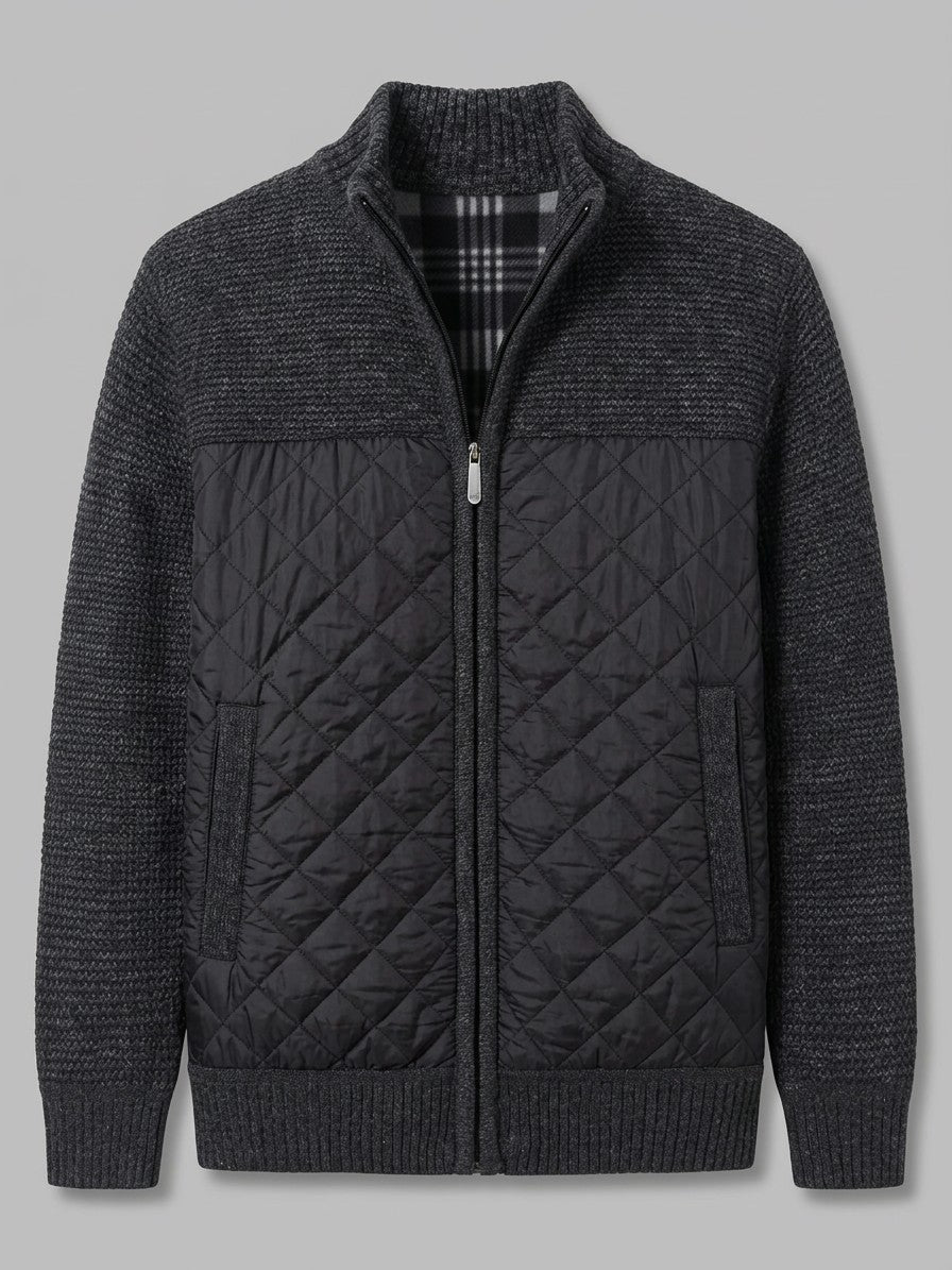 Trieste Men's Quilted-Panel Zip-Up Cardigan — black — packshot