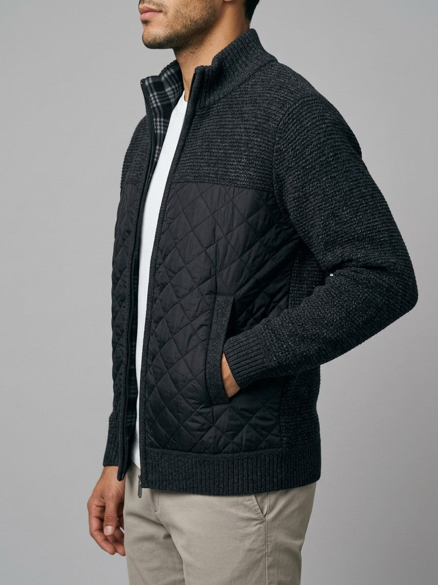 Trieste Men's Quilted-Panel Zip-Up Cardigan — black — side
