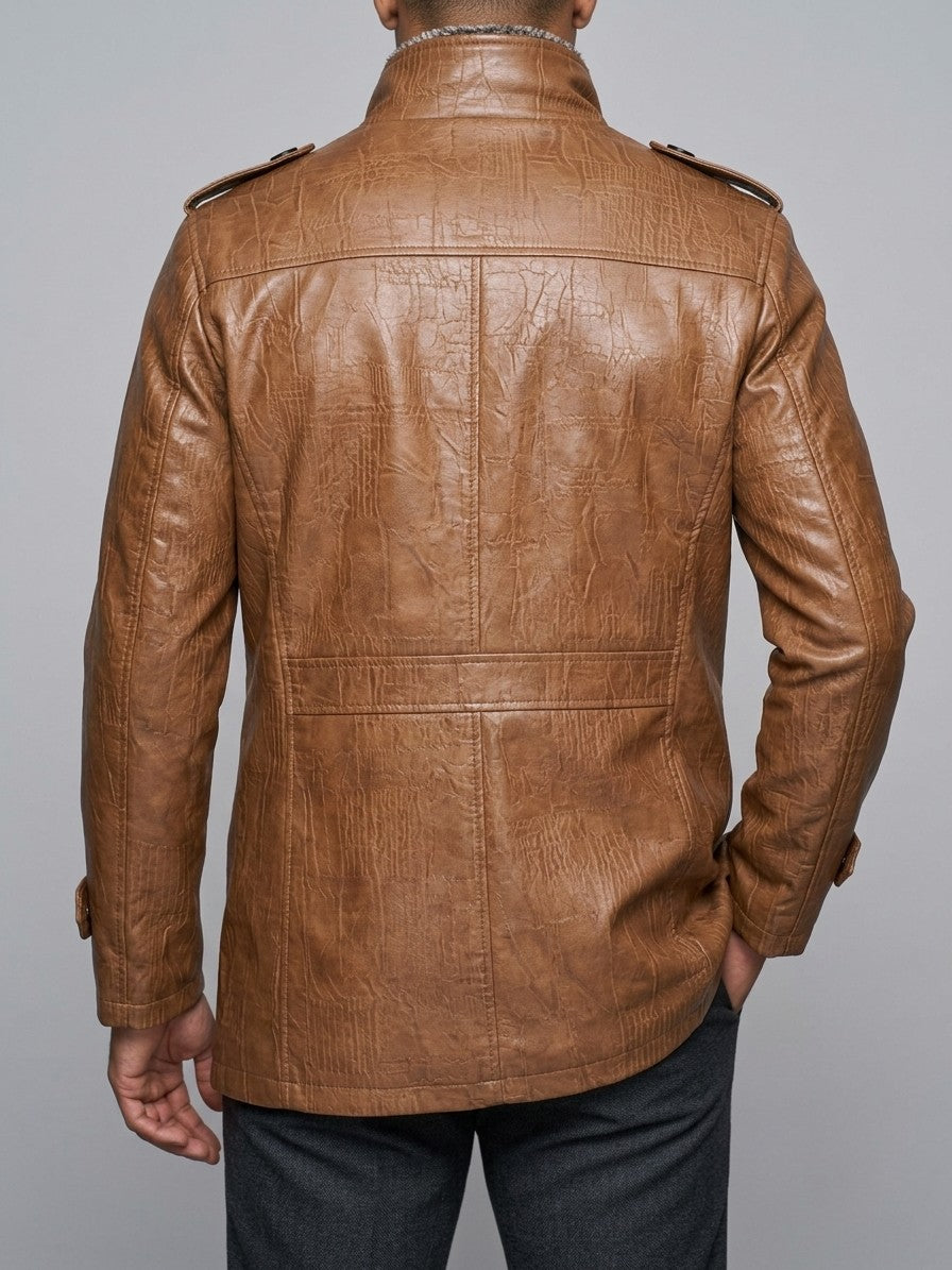 Triora Men's Fleece-Lined Faux Leather Jacket — cognac — back