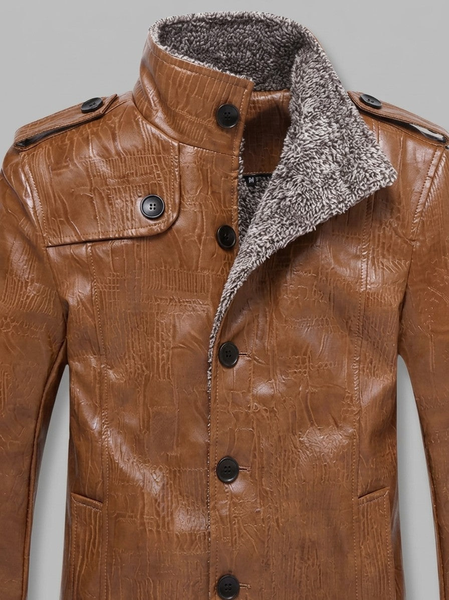 Triora Men's Fleece-Lined Faux Leather Jacket — cognac — detail-2
