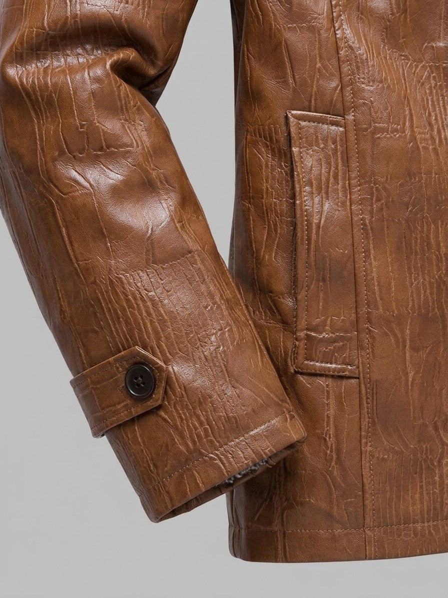 Triora Men's Fleece-Lined Faux Leather Jacket — cognac — detail-collar