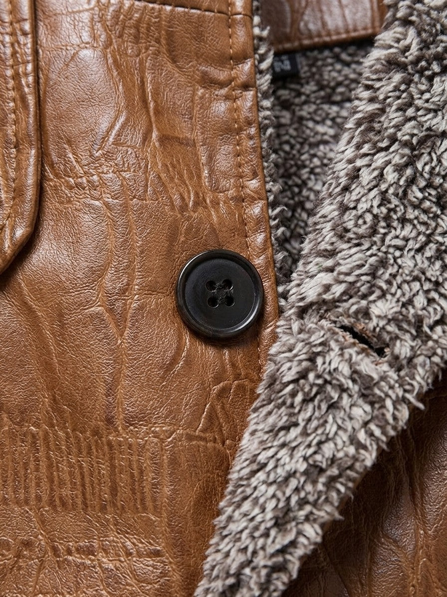 Triora Men's Fleece-Lined Faux Leather Jacket — cognac — detail