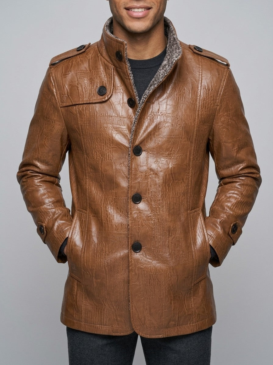 Triora Men's Fleece-Lined Faux Leather Jacket — cognac — front