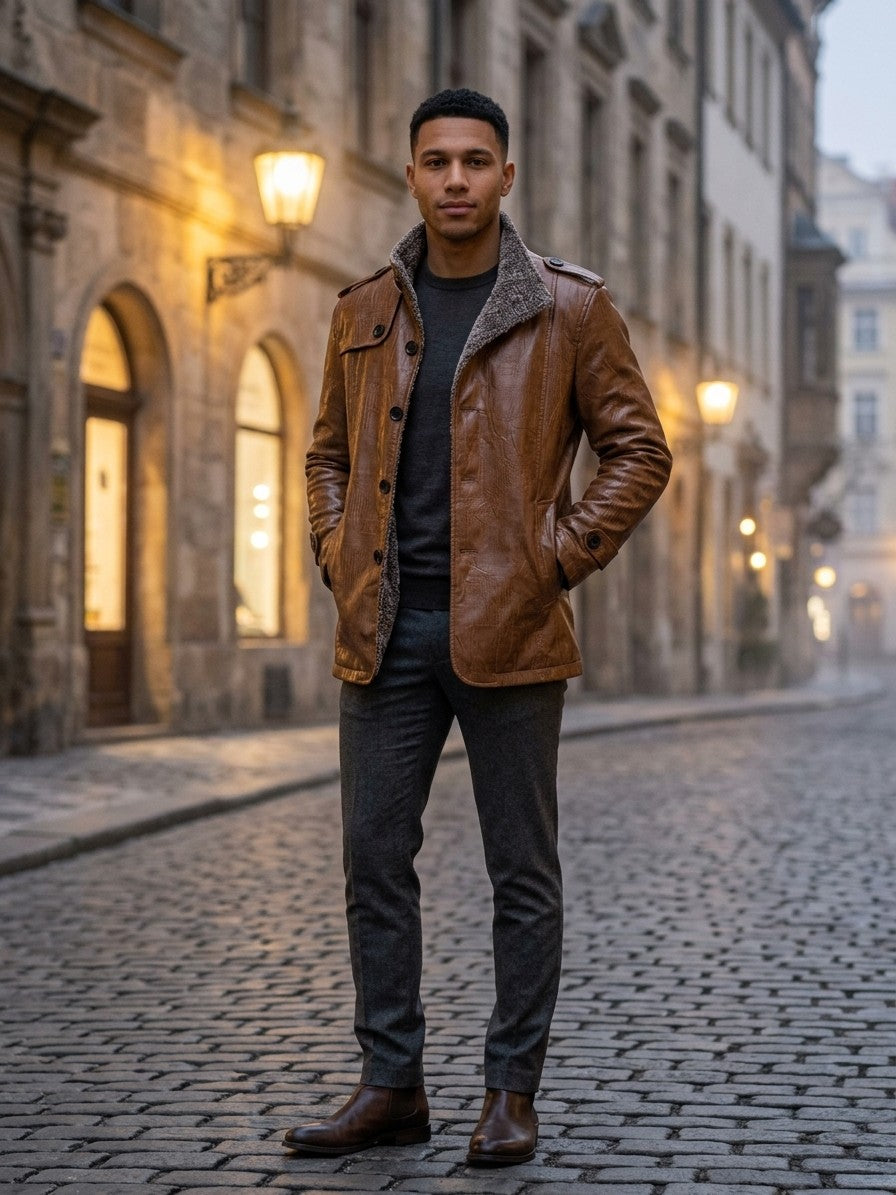 Triora Men's Fleece-Lined Faux Leather Jacket — cognac — lifestyle
