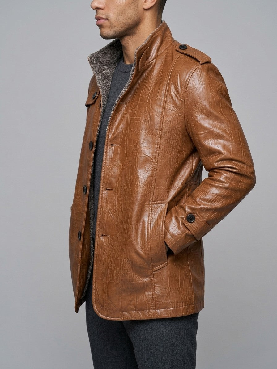 Triora Men's Fleece-Lined Faux Leather Jacket — cognac — side