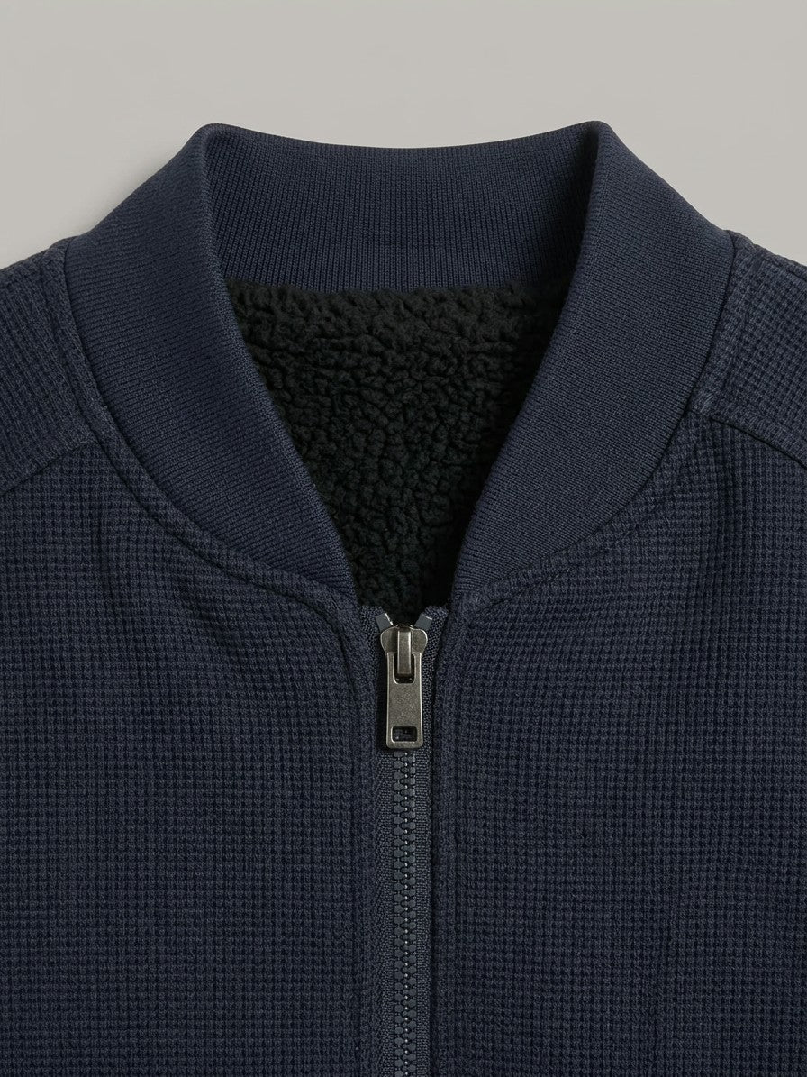Tropea Men's Waffle-Knit Harrington Jacket — navy — detail-collar