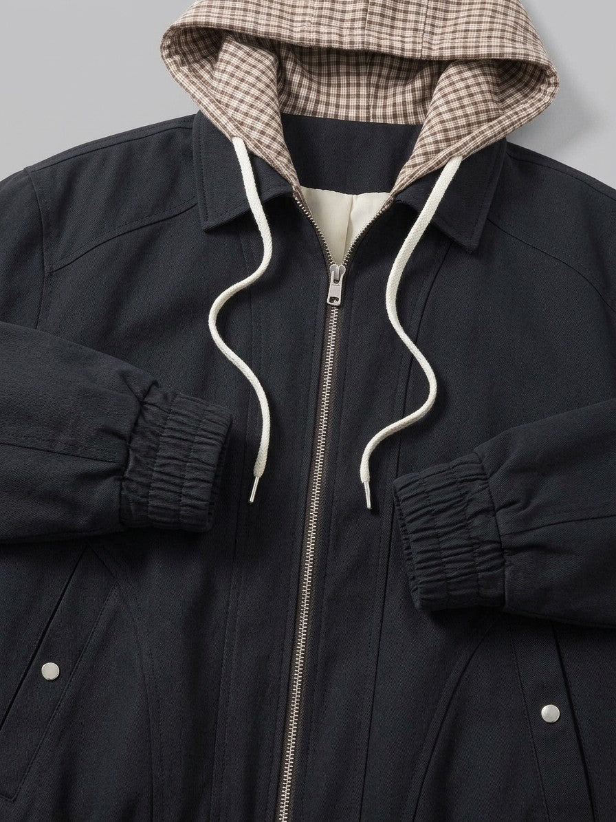 Tuscania Men's Gingham Hooded Zip Jacket — black — detail-2