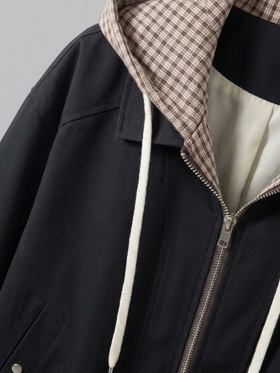 Tuscania Men's Gingham Hooded Zip Jacket — black — detail