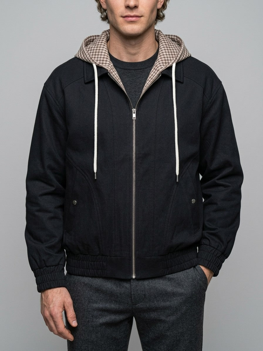 Tuscania Men's Gingham Hooded Zip Jacket — black — front
