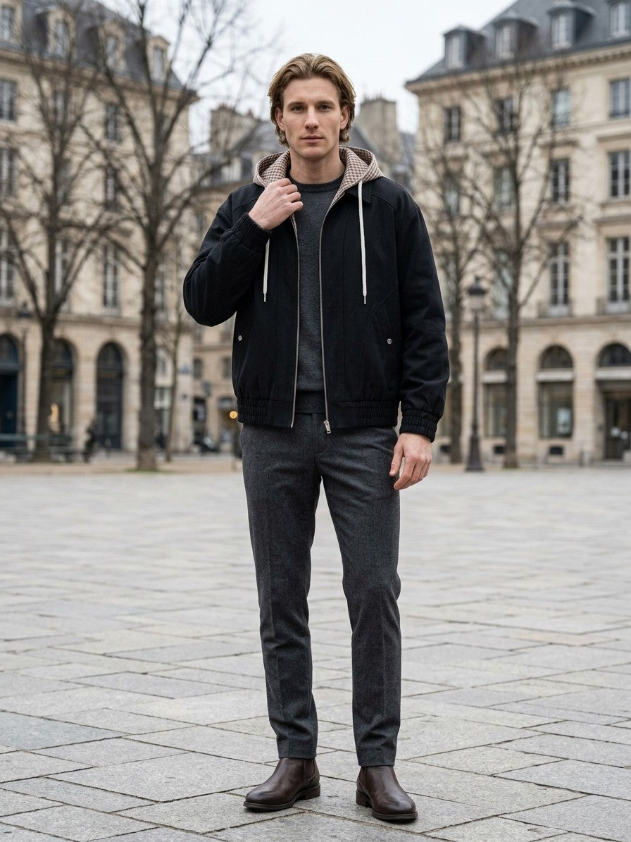 Tuscania Men's Gingham Hooded Zip Jacket — black — lifestyle