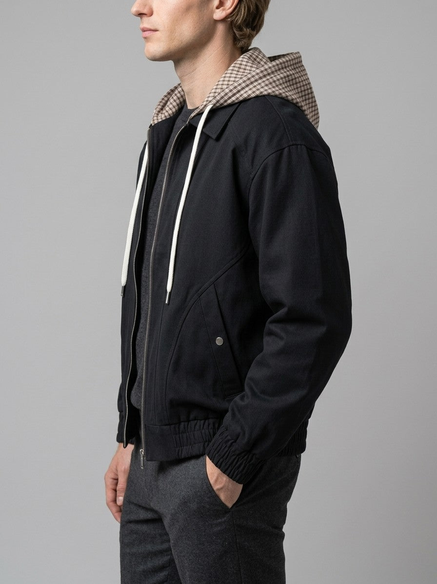 Tuscania Men's Gingham Hooded Zip Jacket — black — side