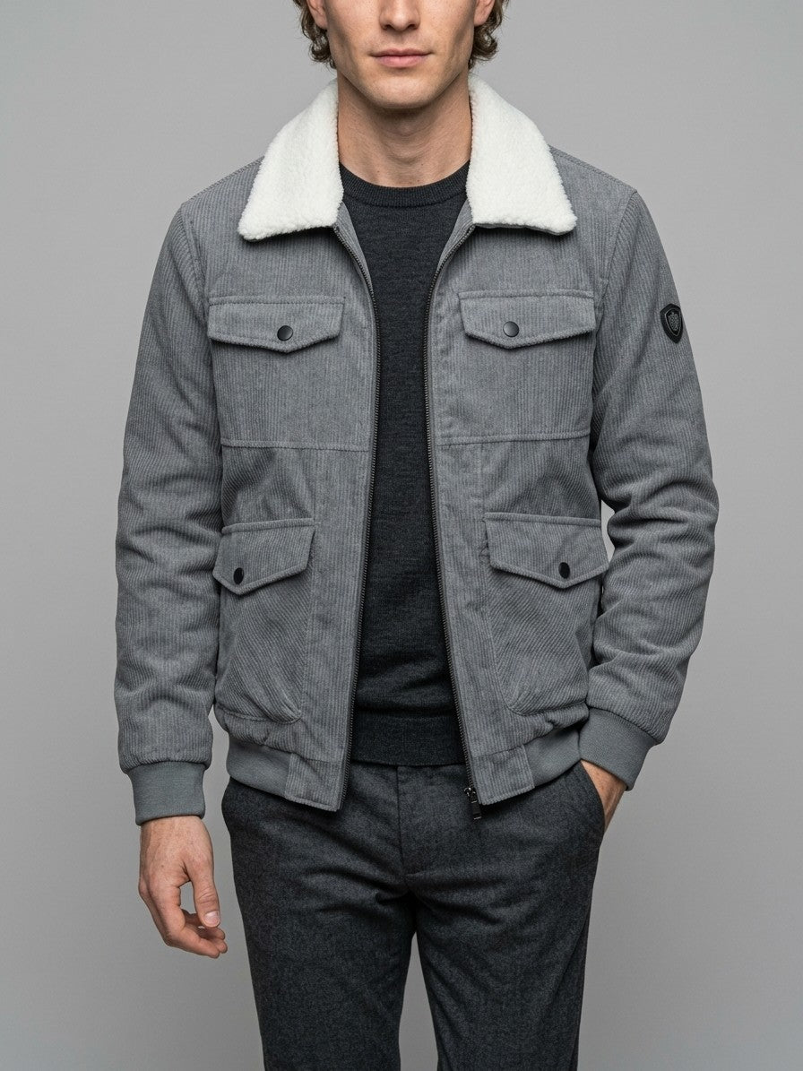 Urbania Men's Sherpa-Collar Corduroy Bomber Jacket — grey — front