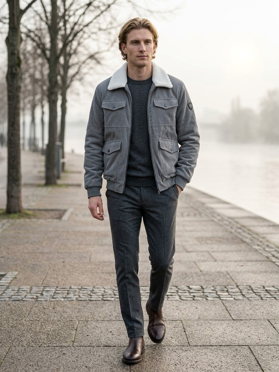 Urbania Men's Sherpa-Collar Corduroy Bomber Jacket — grey — lifestyle