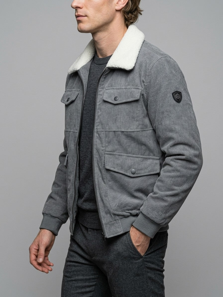 Urbania Men's Sherpa-Collar Corduroy Bomber Jacket — grey — side