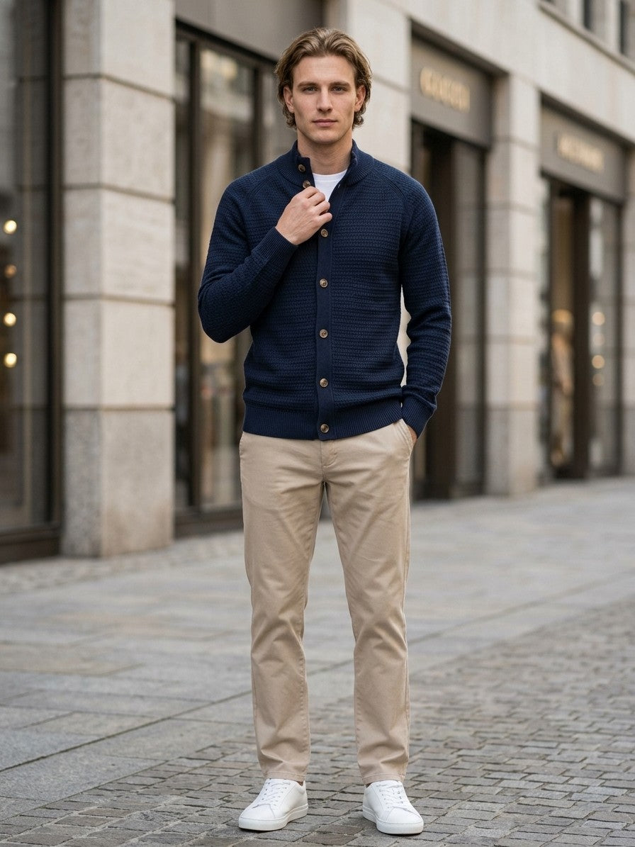 Urbino Men's Button-Down Cotton Cardigan — navy — lifestyle