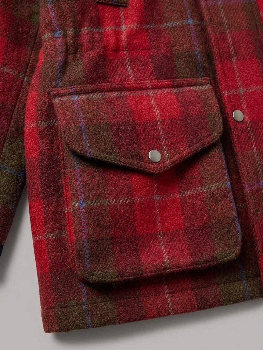 Valeggio Men's Tartan Wool Field Jacket — red — detail-2