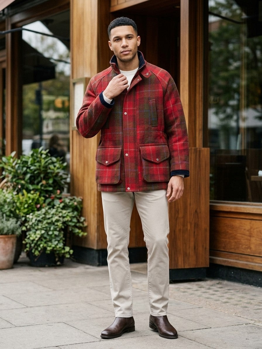 Valeggio Men's Tartan Wool Field Jacket — red — lifestyle