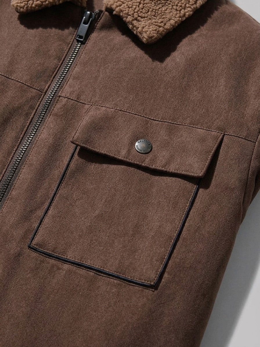 Valenza Men's Sherpa-Lined Zip Work Jacket — coffee — detail-collar