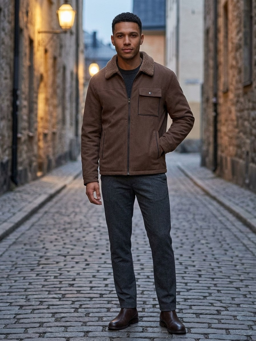 Valenza Men's Sherpa-Lined Zip Work Jacket — coffee — lifestyle