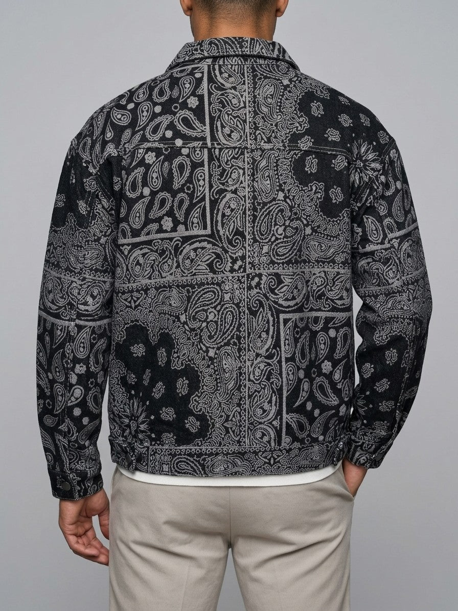 Vallo Men's Paisley Jacquard Denim Trucker Jacket — black — back
