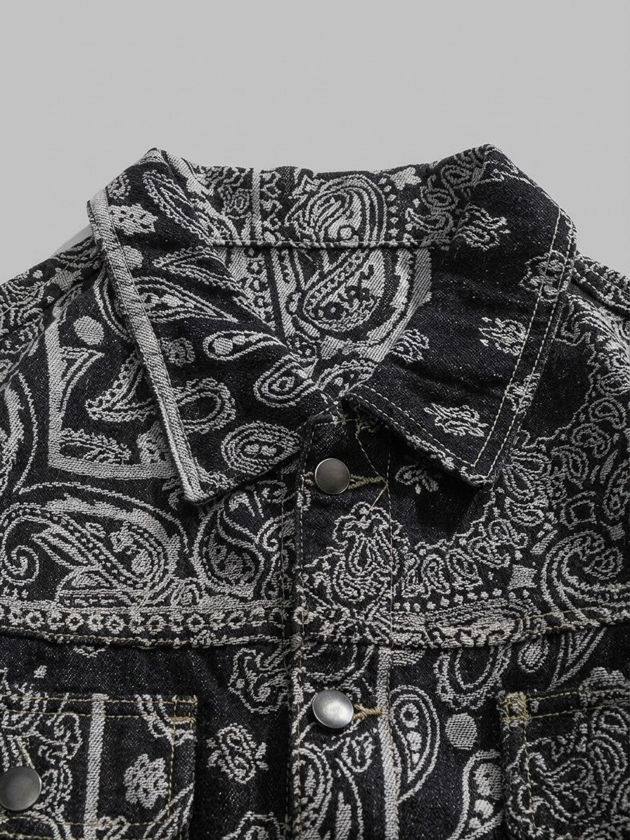 Vallo Men's Paisley Jacquard Denim Trucker Jacket — black — detail-2