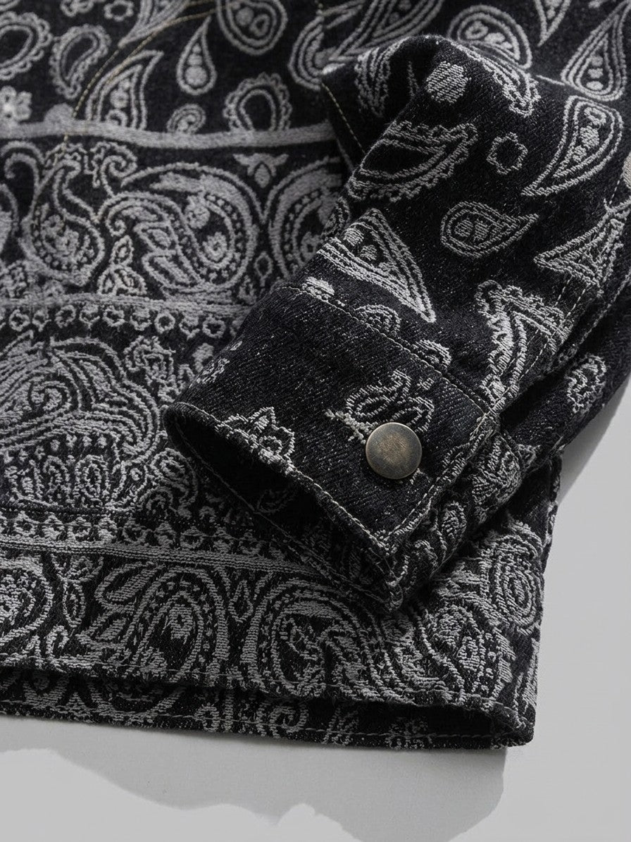 Vallo Men's Paisley Jacquard Denim Trucker Jacket — black — detail-collar