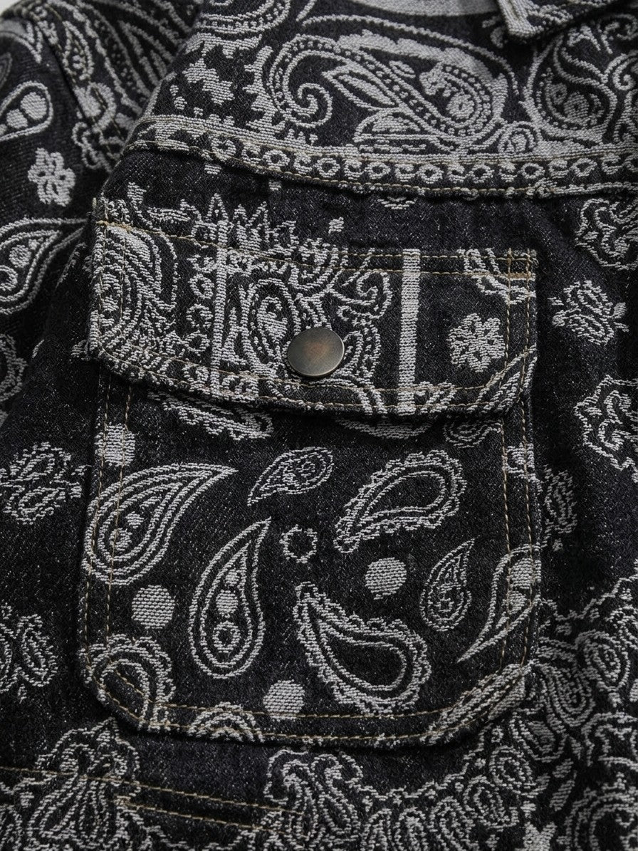 Vallo Men's Paisley Jacquard Denim Trucker Jacket — black — detail
