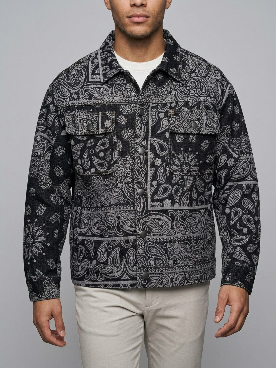 Vallo Men's Paisley Jacquard Denim Trucker Jacket — black — front