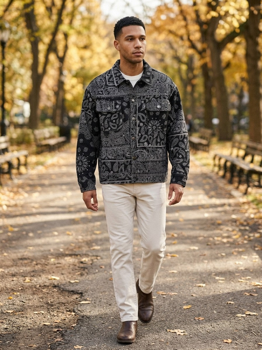 Vallo Men's Paisley Jacquard Denim Trucker Jacket — black — lifestyle