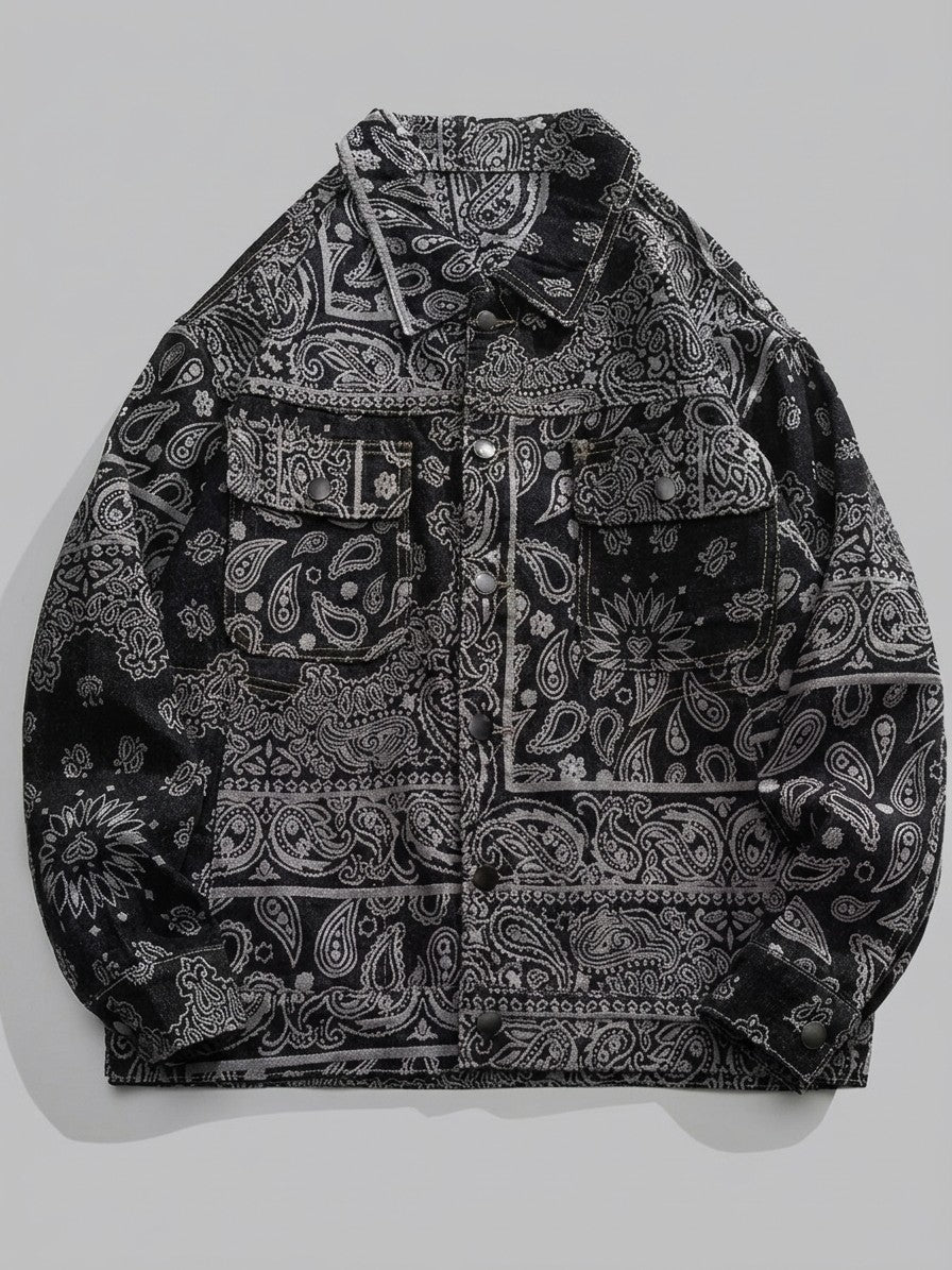 Vallo Men's Paisley Jacquard Denim Trucker Jacket — black — packshot