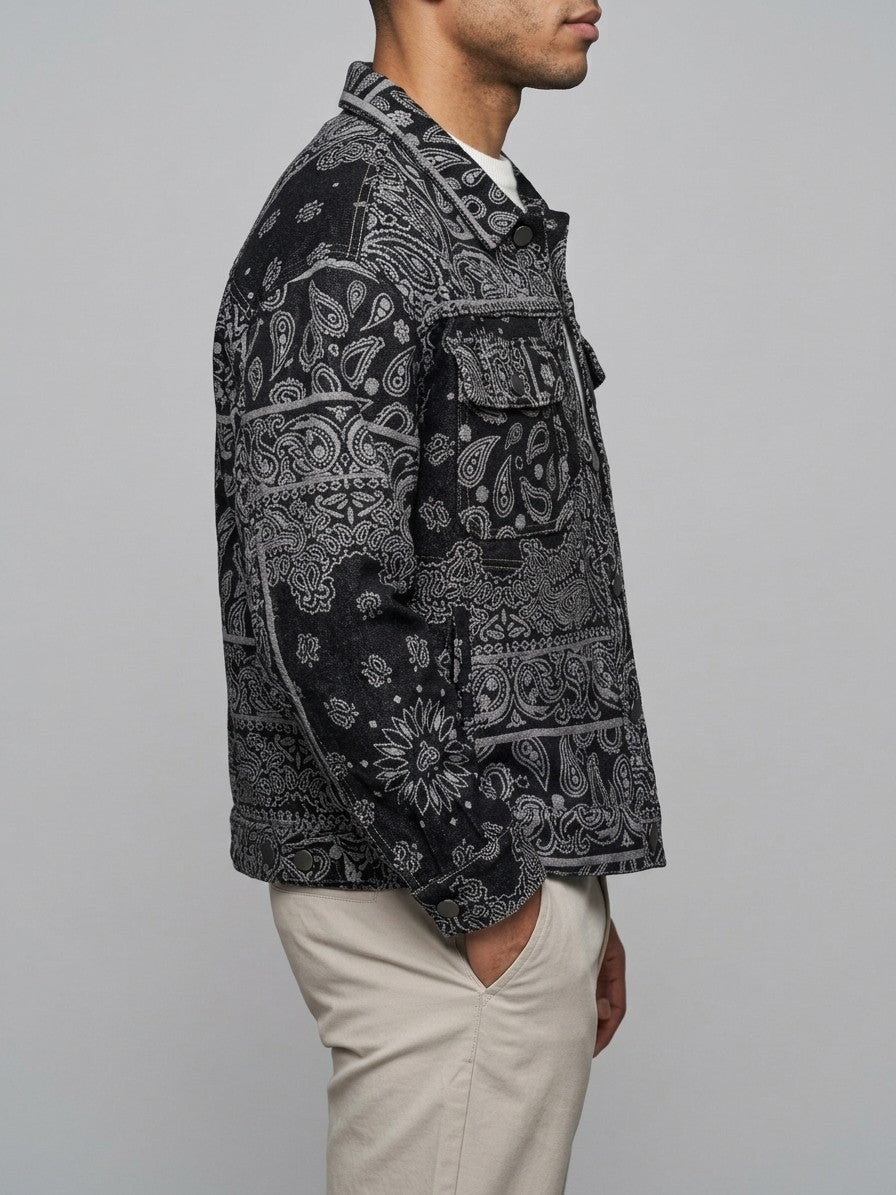 Vallo Men's Paisley Jacquard Denim Trucker Jacket — black — side