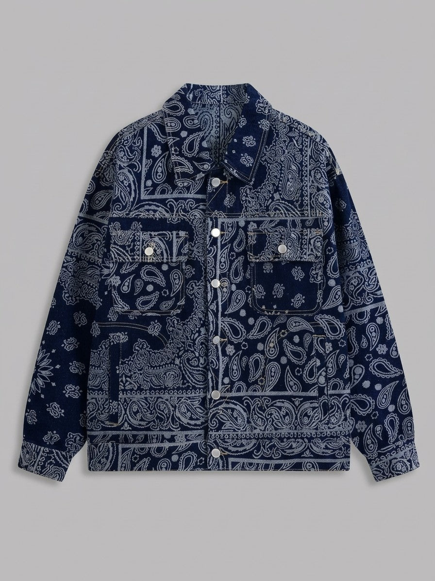 Vallo Men's Paisley Jacquard Denim Trucker Jacket — navy — packshot