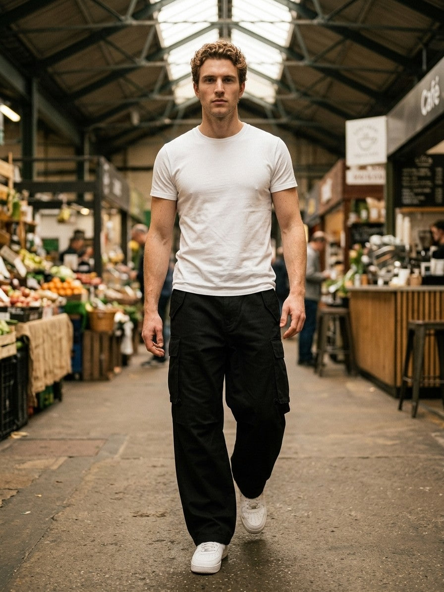 Valmontone Men's Bellows-Pocket Baggy Cargo Pants — black — lifestyle