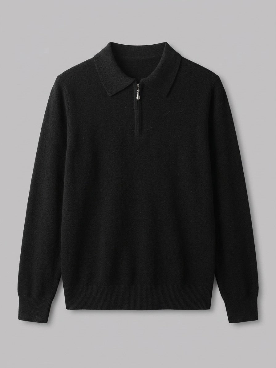 Varallo Men's Cashmere Zip-Neck Knit Polo — black — packshot